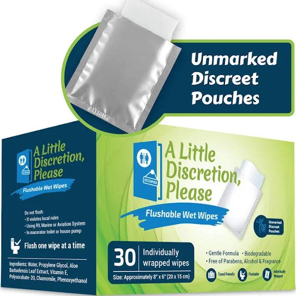 A Little Discretion, Please | Individually Wrapped Flushable Wipes for Adults in Discreet Unmarked Packaging | Unscented, Septic and Sewer Safe | Trav