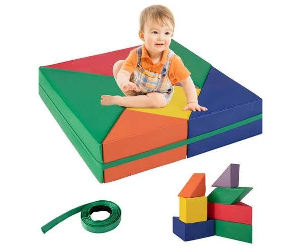 Costway 7pcs Baby Safe Foam Blocks Toddler Crawl Playset Soft Indoor Activity Play Set w/Fasten Strap