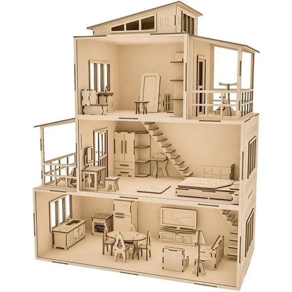 Large Wooden Doll House With Furniture 51x25x69cm