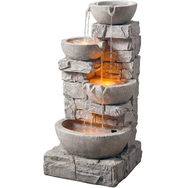 Teamson Home 4 Tiered Bowl Floor Waterfall Fountain with Led Lights and Pump, Outdoor Water Feature For Patio Garden Deck Backyard Decor, 83 cm