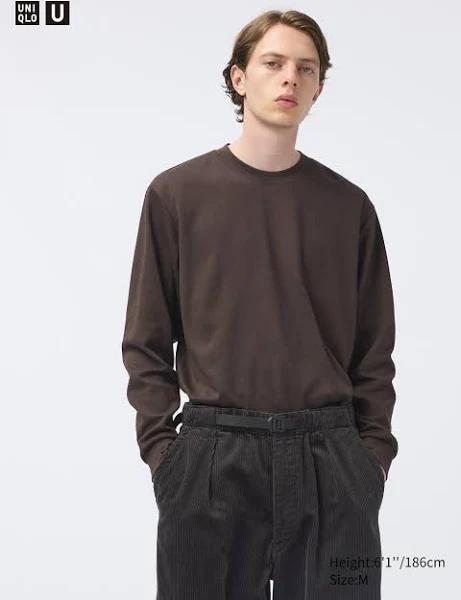 Uniqlo U Airism Cotton Long Sleeve Crew Neck T-Shirt - Dark Brown Size XXS