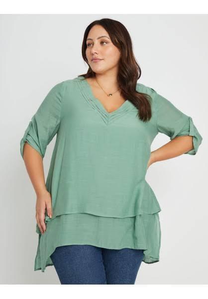 Beme V Neck Button Detail Woven Double Layer Tunic - Size 28 - Womens - Sage