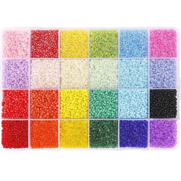 QUEFE 26400pcs 2mm Glass Seed Beads 24 Colors Small Beads Kit Bracelet Beads with 24-grid Plastic Storage Box For Jewelry Making