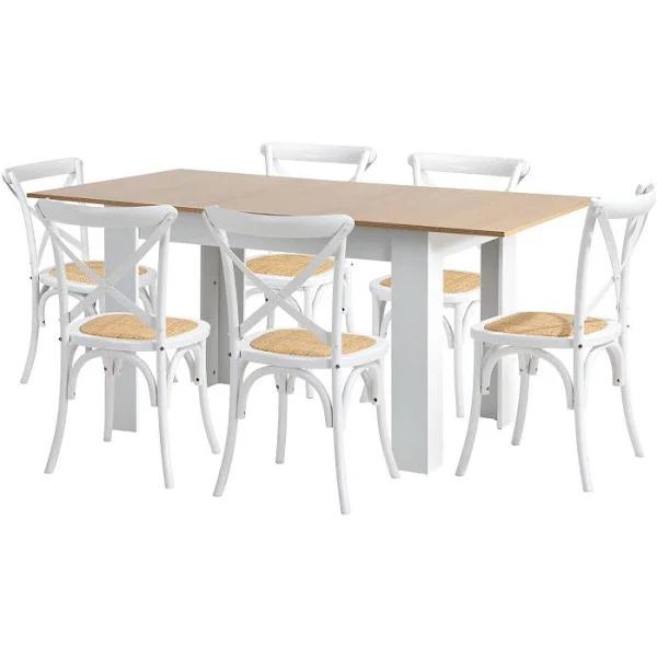 Oikiture 160cm Extendable Dining Table with 6pcs Dining Chairs Crossback White