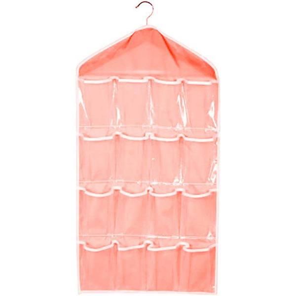 16 Pockets Organizer Clear Hanger Wardrobe Storage Bag Hanging Socks Rack Holder - Pink