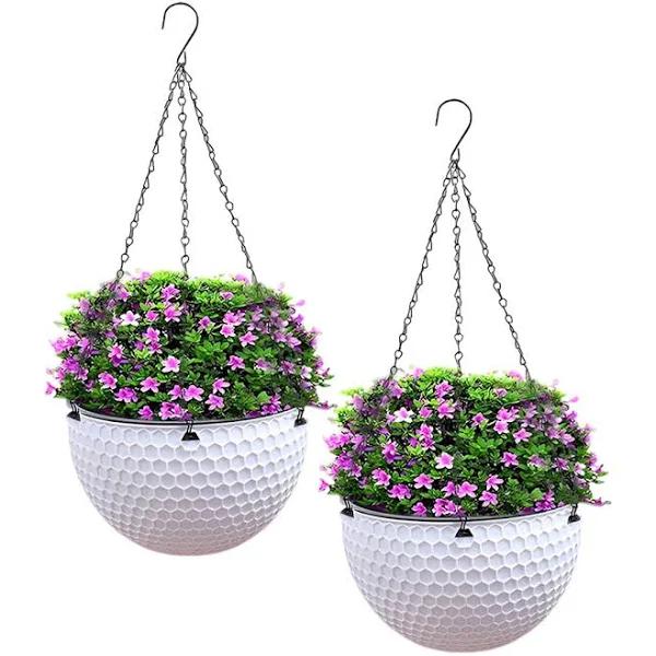 SOGA 2x White Medium Hanging Resin Flower Pot Self Watering Basket Planter Outdoor Garden Decor