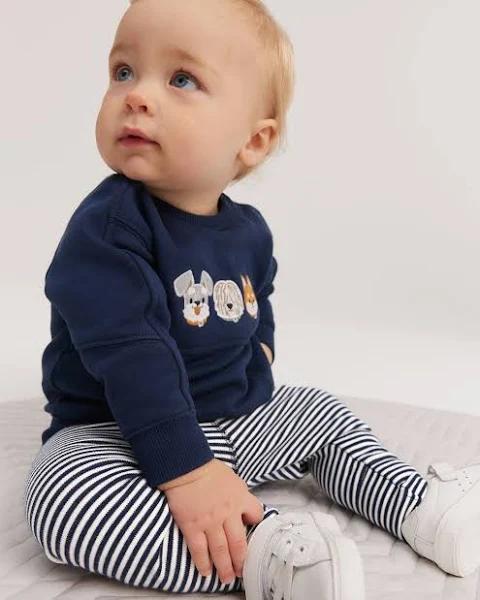 Country Road Organically Grown Cotton Stripe Soft Pant in Navy, Size 12-18 Mths