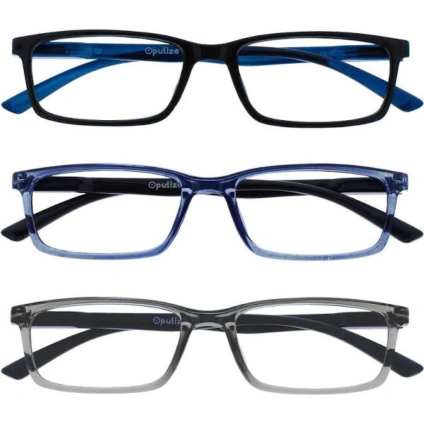 Opulize See 3 Pack Blue Light Blocking Reading Glasses Black Blue Grey Computer Anti Glare Mens Womens BBB9-137 +1.50