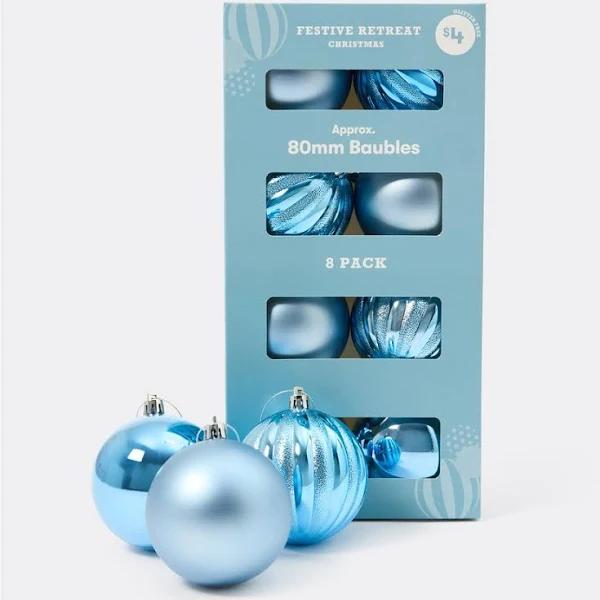 Festive Retreat Christmas Baubles Light Blue 8 Pack 80mm