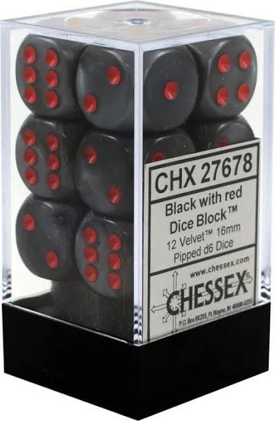 Chessex D6 Dice Velvet 16mm Black/Red (12 Dice in Display)