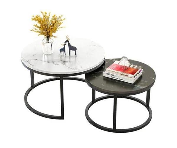 Foret Coffee Table Nesting Side Tables 2pc Set Tea Marble Look Glass Black White - AfterPay & zipPay Available