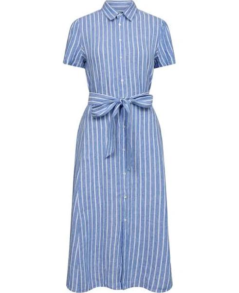 Polo Ralph Lauren Belted Striped Linen Shirtdress Lake Blue/White Str US 10 / AU 14