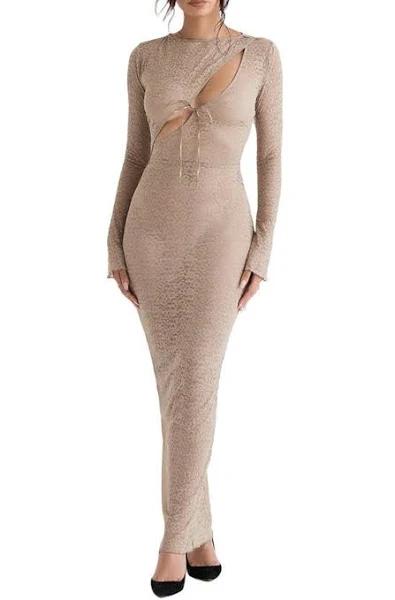 House of CB Giovanna Floral Lace Long Sleeve Body-con Dress Stone