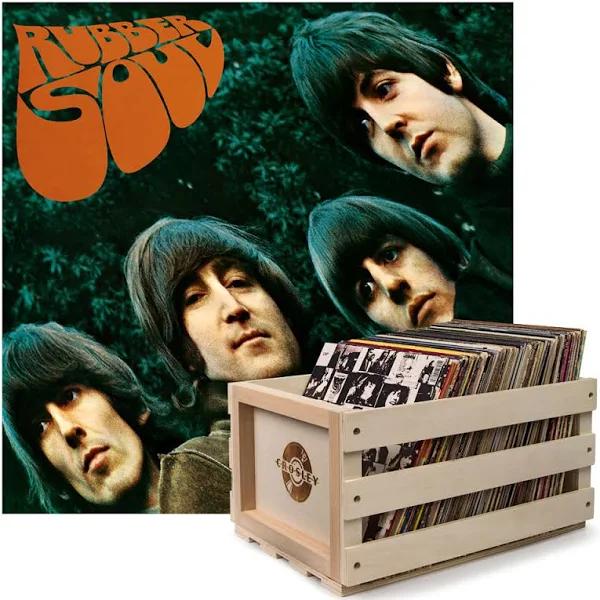 Crosley Record Storage Crate & The Beatles - Rubber Soul Vinyl Album Bundle