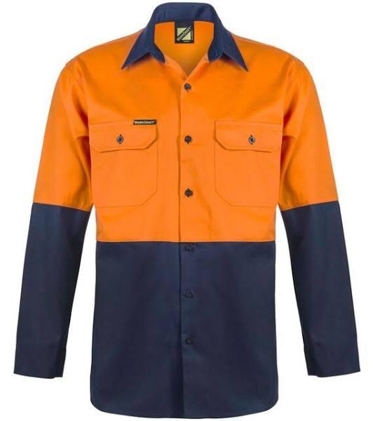 Workcraft Hi-Vis Long Sleeve Cotton Drill Shirt - Orange/Navy 2XL