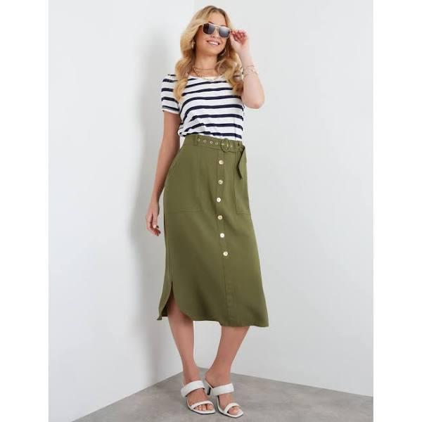 Rockmans Midi Length Button Curved Hem Belted Skirt - Womens - Khaki AU Size 12 - AfterPay & zipPay Available