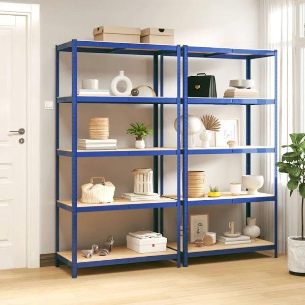 vidaXL 5-Layer Shelves 2 Pcs Blue Steel and Engineered Wood