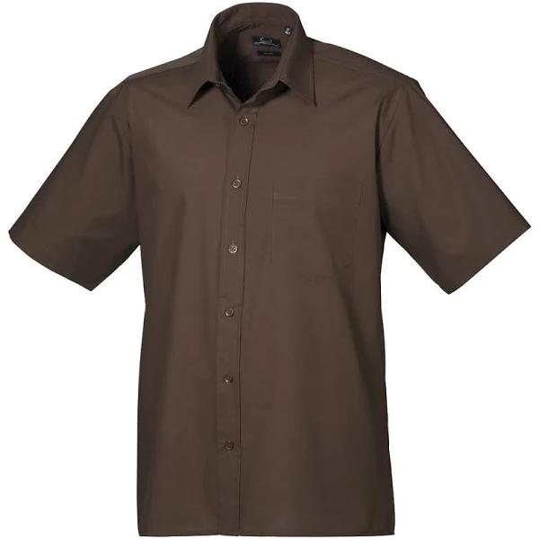 Premier Mens Short Sleeve Formal Poplin Plain Work Shirt Brown Poplin Shirt