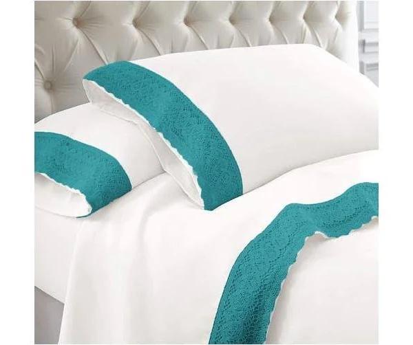 Ramesses Crochet-Lace Microfibre Sheet Set (White/Teal) - Single