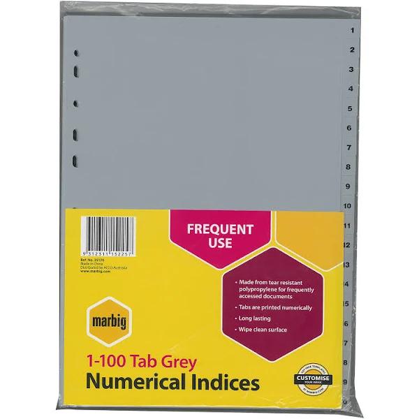 Marbig Indices & Dividers 1-100 Tab Pp A4 Grey