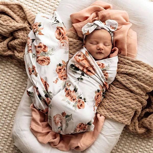 Snuggle Hunny Rosebud Baby Jersey Wrap & Topknot Set