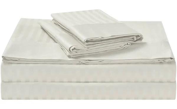 1200TC 4 Pieces Luxury 100% Cotton Stripe Sheet Set Queen Bed White -