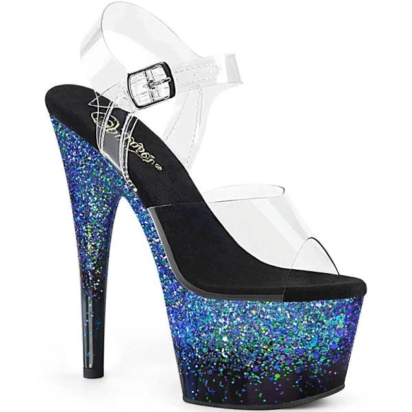 Pleaser ADORE-708SS Clear/Black-Blue Multi Glitter Size 10