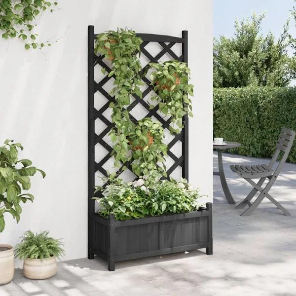 vidaXL Solid Fir Wood Planter with Trellis - Black