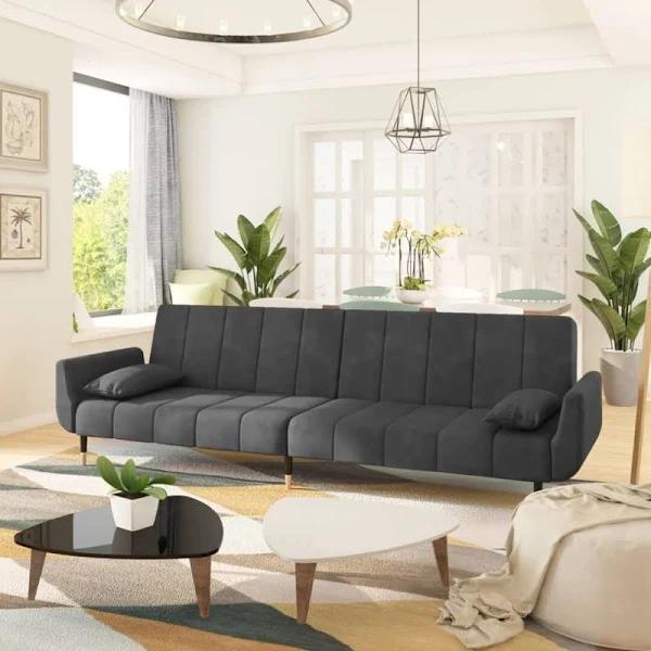 2-Seater Sofa Bed With Two Pillows Dark Grey Velvet