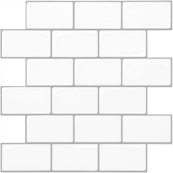 Yuzee 12"X12" Stick On Tiles, Peel and Stick Subway Tile Backsplash, Shiny White Self-adhesive Wall Tiles For Kitchen and Bathroom 10 Pack