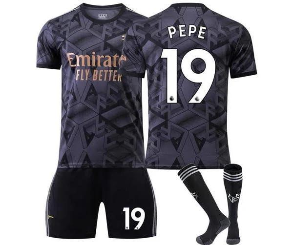 22-23 Arsenal Away Soccer Jersey Set No.19 Pepe Training Suit Adult Kids Black Football Kit Uniform with Socks