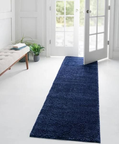 Solid Frieze 79cm x 305cm Runner Navy Blue Blue Area Rug