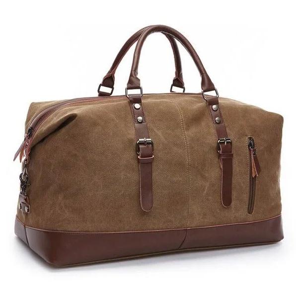 Leather and Canvas Overnight Travel Bag, Coffee