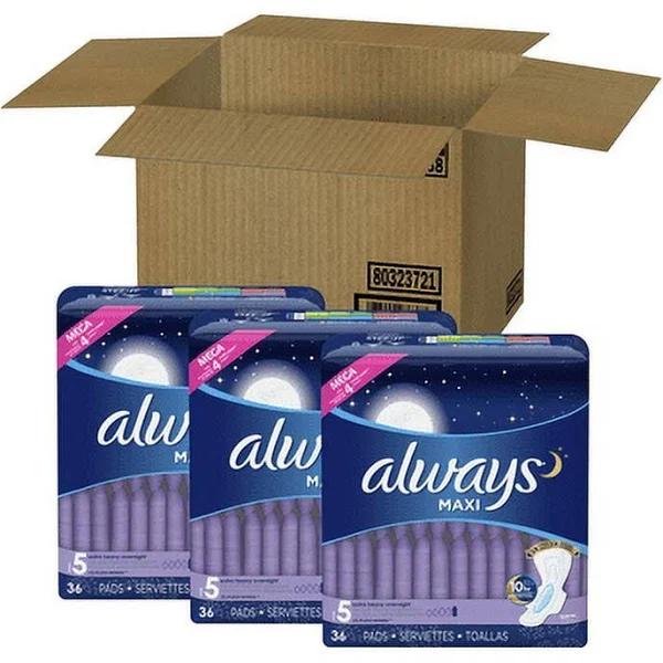 Always Maxi, Size 5, Extra Heavy Overnight Pads with Wings, Unscented, 108 Count