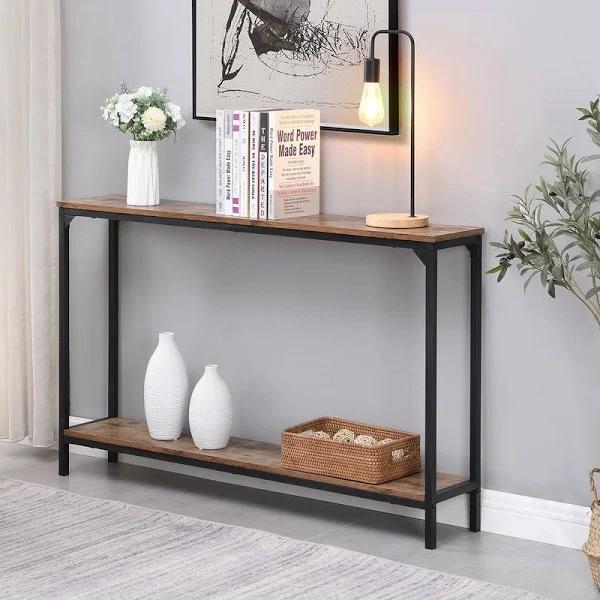 HOMFURN Industrial Narrow Console Table, Skinny Entryway Sofa Table For Living Room, Hallway, Foyer, Office, Rustic Brown