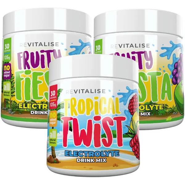 ReVitalise Kids: Zero Sugar Electrolytes Triple Pack - 90 servings Fruity Fiesta / Fruity Fiesta / Tropical Twist