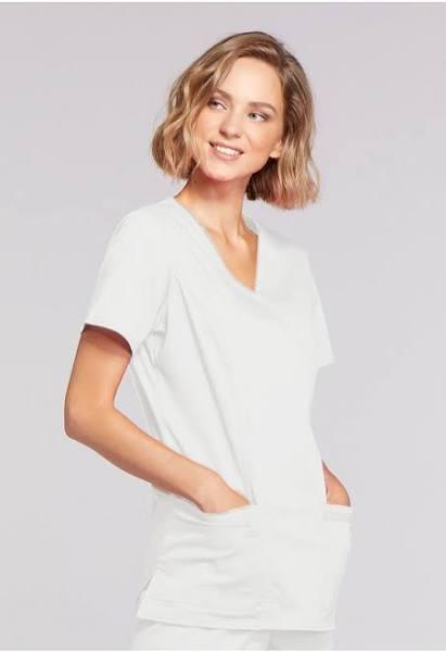 WW Core Stretch Mock Wrap Scrub Top, White, Siz