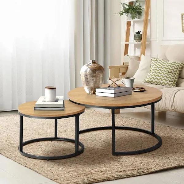 Oikiture Set of 2 Coffee Table Round Nesting Side End Table Natural