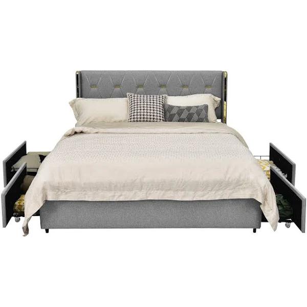 Giantex Full Size Bed Frame Wood Mattress Base Storage Drawers Silver