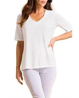 David Jones Blue Illusion V-Neck Tee in White, Size XS