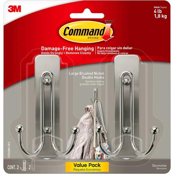 Command Large Metallic Hooks [Removable]: Large Brushed Nickel Double Hook [2 hooks/pack] Brushed Nickel 2-Hooks - Find Tape