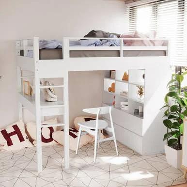 Gio Loft Bed with Cabinet and Desk - White