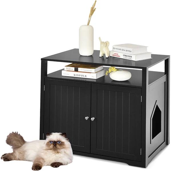 Costway Wood Cat Litter Storage Cabinet Enclosure Kitty Litter Box House Side Table Entryway w/2 Doors&Open Shelf Black