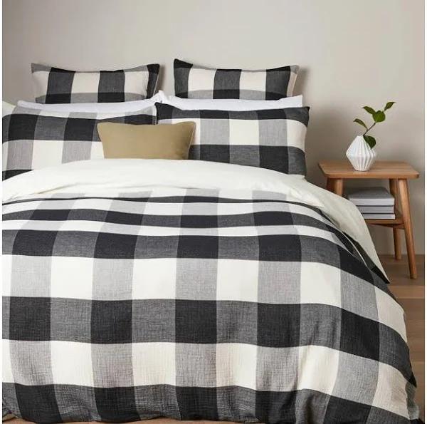 Target Ottis Gingham Check Quilt Cover Set | Black | Size Queen Bed | Cotton