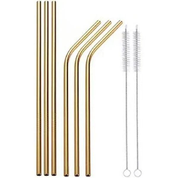 Reusable 304 Stainless Steel Straws Metal Drinking Washable Straw Brushes Set 2 Gold Set 2