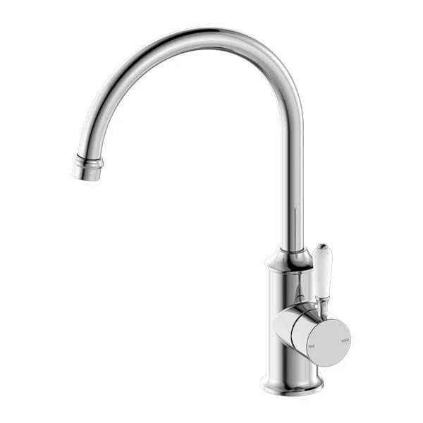 York Kitchen Mixer Gooseneck Spout With White Porcelain Lever Chrome in Chrome Finish/White by Nero