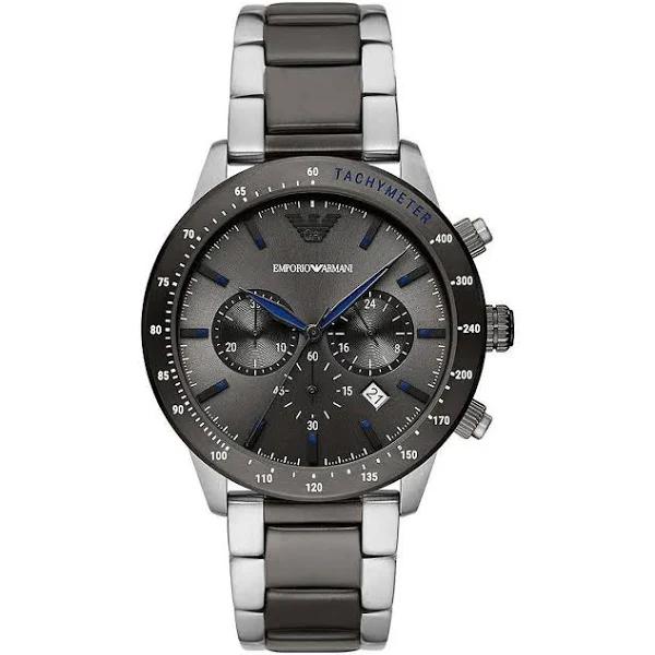 Emporio Armani Silver and Black Steel Chronograph Watch