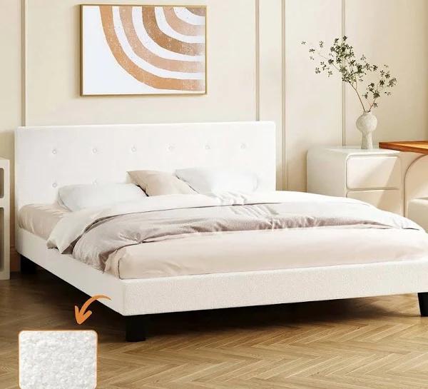 Quiton King Boucle Bed in White