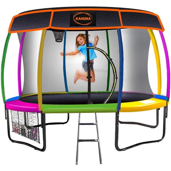 Kahuna Trampoline 10 Ft With Basket Ball Set and Roof - Rainbow