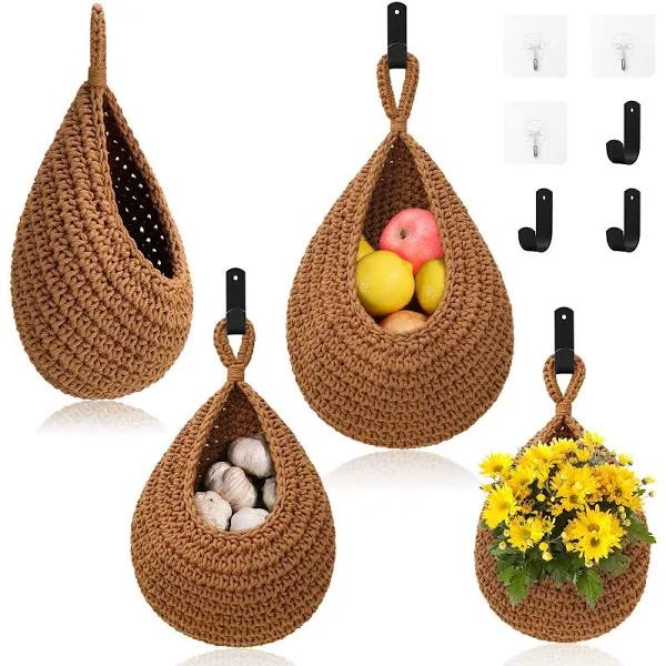 Hanging Fruit Baskets for Kitchen - 3 Pack Boho Wall Hanging Basket with 6 Pcs Strong Hooks, Handwoven Hanging Holder Teardrop Home Produce Basket